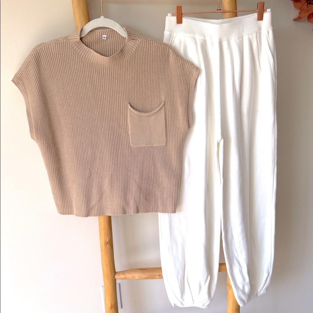Amazon 2Pc Khaki Knit Top White High Waist Knit Jogger Pant Lounge Set M NWOT - Picture 5 of 16
